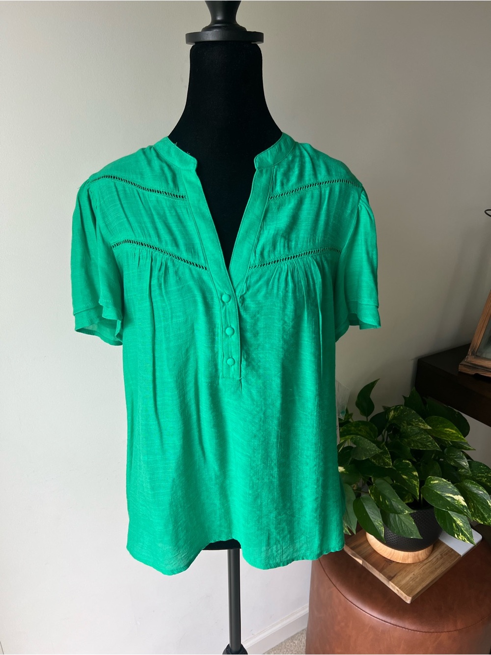 Nanette Lepore Emerald Green Split-Neck Button Front Blouse